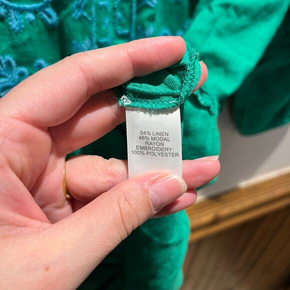J Jill Embroiderd Green Blouse Linen Blend Sz M Boho Artsy Peasant Casual - Picture 5 of 6